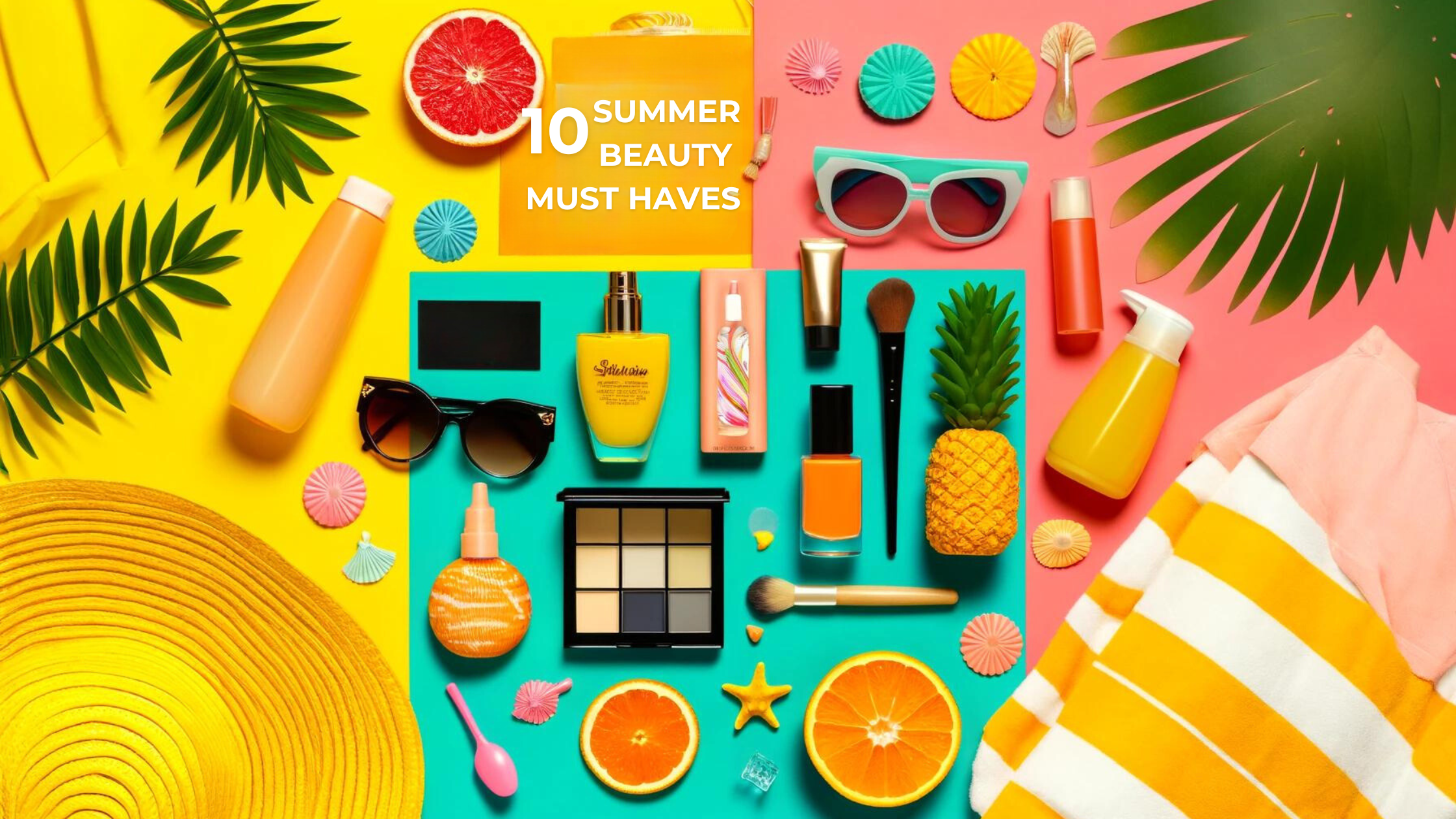 A flat lay of summer beauty essentials, including sunglasses, sunscreen, makeup, brushes, and summer-themed accessories on a colorful background with text, "10 Summer Beauty Must-Haves.