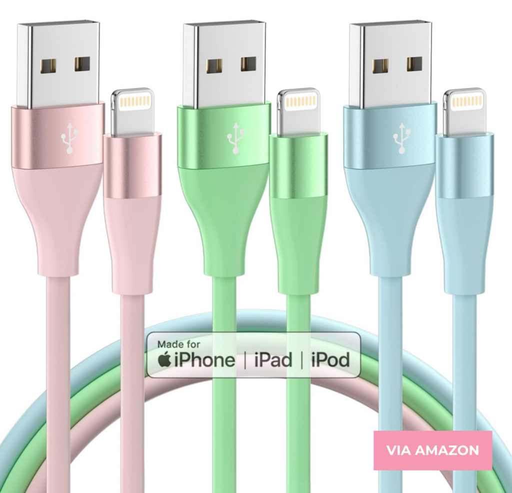 Three colored USB to Lightning cables in pink, green, and blue, labeled as compatible with iPhone, iPad, and iPod. A "Via Amazon" tag is visible.