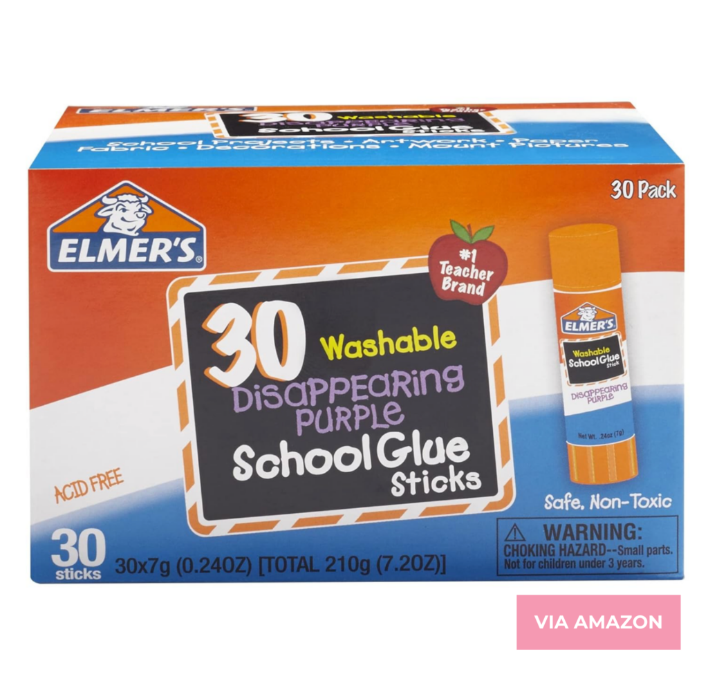 A 30-pack of Elmer's washable disappearing purple school glue sticks, each stick is 7 grams. The packaging highlights that the glue is acid-free, safe, non-toxic, and #1 teacher brand.