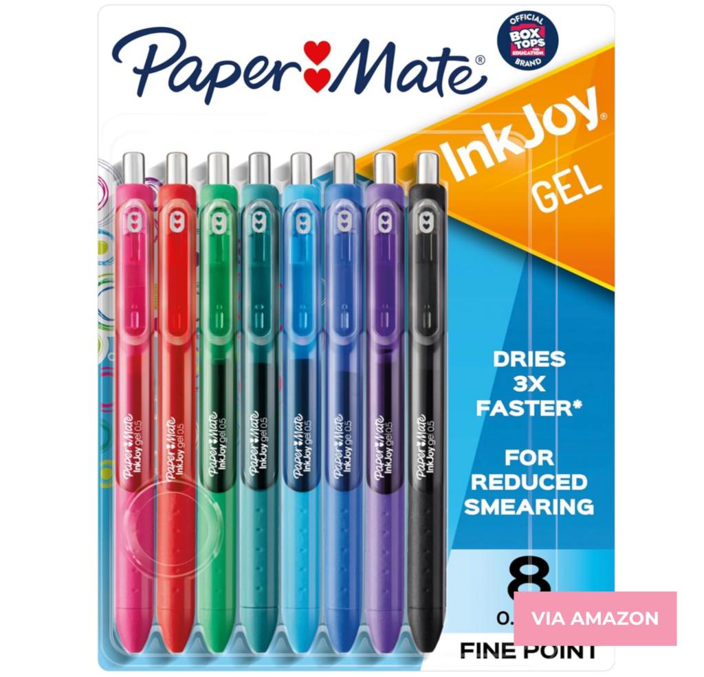 Package of eight Paper Mate InkJoy gel pens in various colors, featuring quick-drying ink for reduced smearing and a fine point.