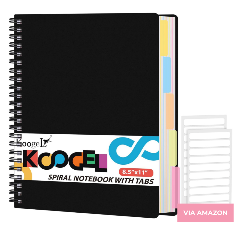 Black spiral notebook with colorful tab dividers, labeled "Koogel Spiral Notebook with Tabs 8.5'' x 11''". Image includes a sheet of white labels and the text "VIA AMAZON" in pink on the bottom right.