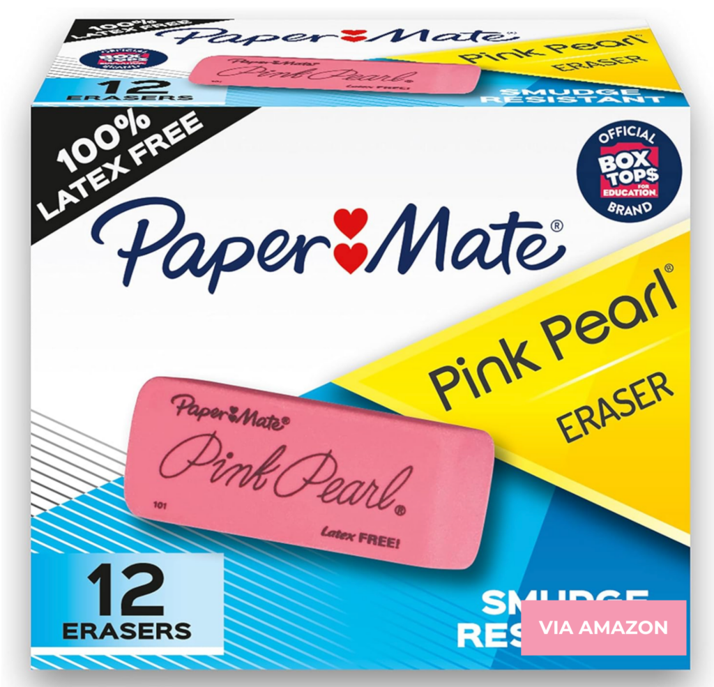 Box of 12 Paper Mate Pink Pearl erasers, labeled latex-free and smudge-resistant, with official Box Tops for Education brand. The image includes a "Via Amazon" tag.