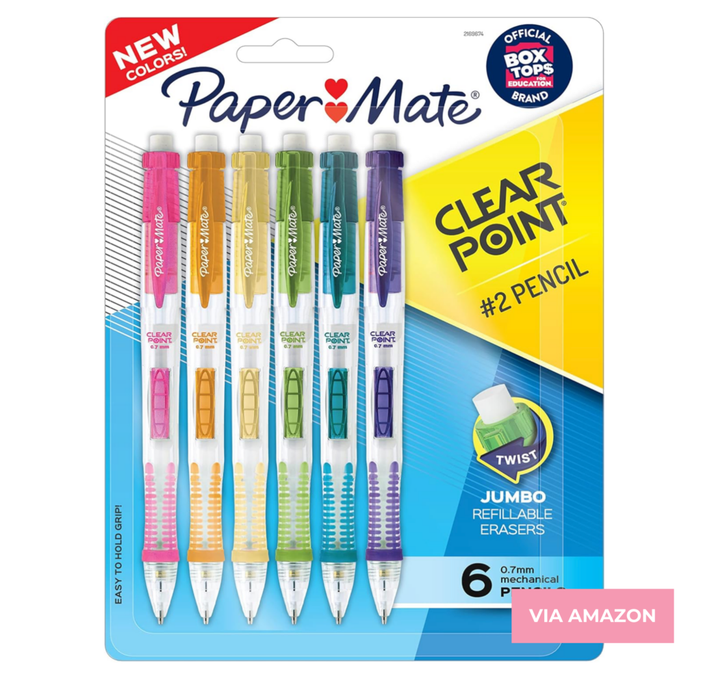 Package of six Paper Mate Clear Point #2 mechanical pencils with new assorted colors, featuring jumbo refillable erasers and 0.7mm lead, displayed against a white backdrop with a "Via Amazon" label.