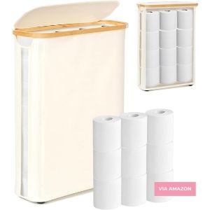 Rectangular cream-colored storage container with a wooden lid, shown holding multiple rolls of toilet paper. Additional close-up images show the rolls inside and stacked outside the container.