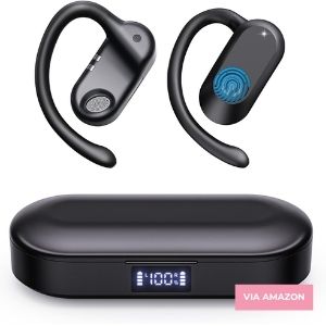 Black wireless Bluetooth earpieces with ear hooks, shown above a charging case displaying a digital battery level indicator.